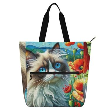 Imagem de GAIGEO Ragdoll Bolsa feminina floral papoula para trabalho, lona, faculdade, escola, bolsa, bolsa de professores com compartimentos