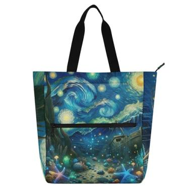 Imagem de GAIGEO Starry Night Underwater World Work Bags for Women Tote Canvas Beach Book Tote com zíper bolsa de professor com compartimentos