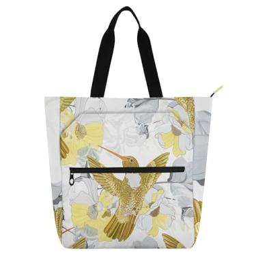 Imagem de Bolsa de trabalho com beija-flores douradas, brancas, amarelas, cinza, verde, para mulheres, bolsas de tecido de lona, faculdade, escola, utilitário, escritório, para amantes de livros