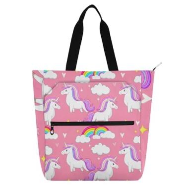 Imagem de GAIGEO Lindos unicórnios rosa arco-íris bolsas de trabalho para mulheres bolsa escolar bolsa carteiro presente para amantes de livros bolsas