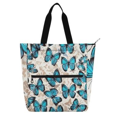 Imagem de GAIGEO Sacola feminina azul cinza borboletas pretas para trabalho lona praia livro sacola com zíper bolsa feminina infantil com compartimentos