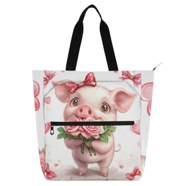 Imagem de GAIGEO Lindas bolsas de trabalho de rosas de porco para dia dos namorados para mulheres, bolsa de lona para escola, praia, escola, presente para professores, para amantes de livros