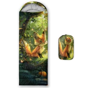 Imagem de AILONEN Saco de dormir infantil fofo de raposa para crianças, meninos, meninas, clima quente e frio, leve, mochila à prova d'água, saco de dormir de raposa laranja com desenho animado para acampamento