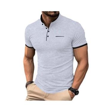 Imagem de Camiseta Casual Masculina De Manga Curta Com Gola Alta Em Cor Sólida, 