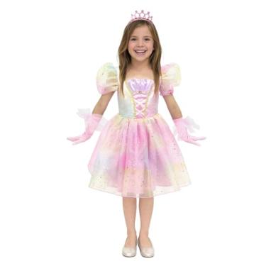 Imagem de ROC PARTY Fantasia de princesa arco-íris para meninas – vestido de glitter com tiara e luvas para Halloween, aniversário e brincadeiras de fantasia, Princesa arco-íris, Small ( 4-6 Years )