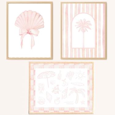 Imagem de 3 peças de arte de parede em tela costeira rosa – decoração de casa de praia, pôsteres temáticos marinhos estéticos, pôsteres náuticos, arte de parede neta coquete para sala de estar, quarto