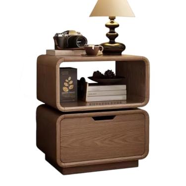 Imagem de Mesa de cabeceira de madeira maciça com 2 gavetas, mesa de canto de madeira vintage com prateleira aberta, cômoda natural para quarto, sala de estar, escritório (B)
