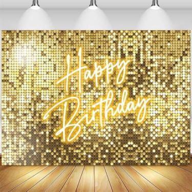 Imagem de Sensfun Pano de fundo dourado de aniversário, 1,8 x 1,2 m, cenário fotográfico, feliz aniversário, para mulheres, meninas, brilhante, dourado, para parede, aniversário de neon, decoração de festa
