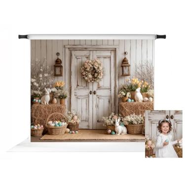 Imagem de Kate Pano de fundo de coelhinho da Páscoa para fotografia com ovos coloridos e porta de madeira, adereços para fotos 3 x 2,4 m