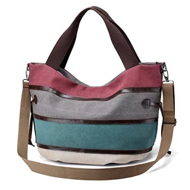 Imagem de SO Bolsa de ombro feminina grande de lona multicolorida listrada bolsa tiracolo bolsa feminina Hobo Tote para viagens, trabalho, compras, uso diário, vermelho, L, Hobo
