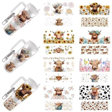 Imagem de XRTHGS 16 peças Highland Cattle UV DTF adesivos para mini chaveiro vibrante copo de alta viscosidade, transferência de acrílico, superfícies lisas e rígidas