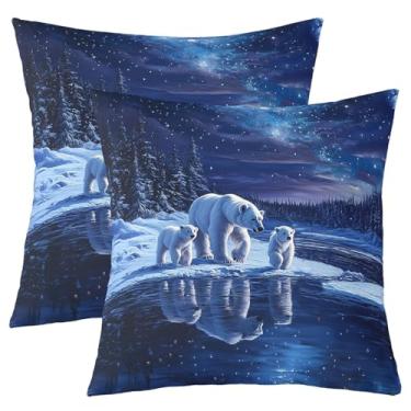 Imagem de Manfei Lindos ursos polares capas de almofada 45,72 cm x 45,72 cm conjunto de 2 capas de almofada de galáxia estrelada neve rio para sofá sofá adorável vida selvagem fronhas decorativas azul escuro