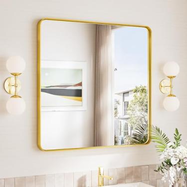 Imagem de TokeShimi Espelho de banheiro dourado 30 x 30, espelho de banheiro dourado para banheiro com vidro temperado, espelho de parede retangular para banheiro com moldura de alumínio (horizontal/vertical)