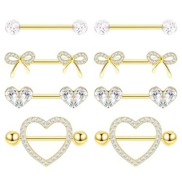 Imagem de Vegolita 4 pares de anéis de mamilo de titânio 14G G23 para mulheres, coração, barra e língua, conjunto de anéis de mamilo, zircônia cúbica, lindo laço, mamilos, piercing de joias, Titânio, Zircônia