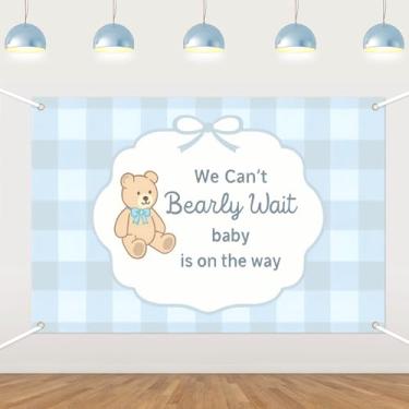 Imagem de Urso xadrez azul We Can't Bearly Wait pano de fundo para chá de bebê, fotografia de bebê está a caminho, lindos balões de desenho animado, festa de chá de bebê, fotografia de urso para recém-nascidos
