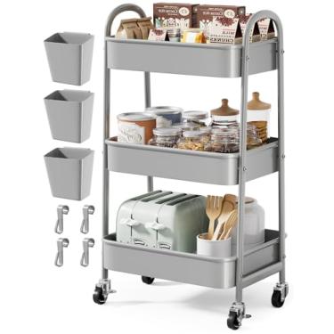 Imagem de Organizador de carrinho de rodinhas cinza de 3 níveis, carrinho de organização de malha de metal resistente com alça e rodas, três prateleiras de armazenamento em camadas, carrinho utilitário para