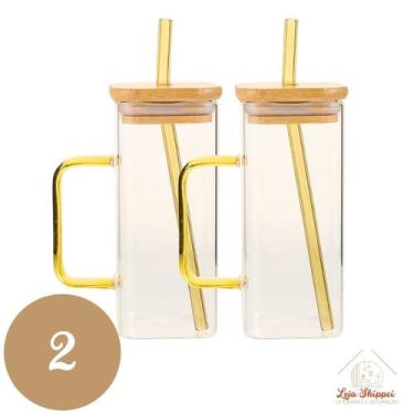 Imagem de Copo de Vidro Quadrado 350ml com Alça e Tampa Bambu e Canudo - TOP ÚTI
