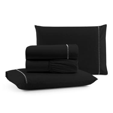 Imagem de Jogo Cama Lençol Bali King Percal 180 Fios 100% Algodão Ponto Palito 4 Peças - Preto