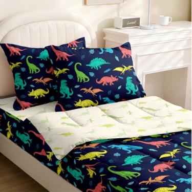 Imagem de Yadangxiawa Jogo de edredom infantil, solteiro, com zíper, estampa de dinossauro, lençol com elástico e fronhas para todas as estações (dinossauros-C)