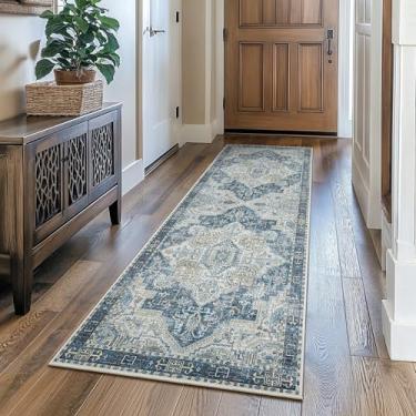 Imagem de GENIMO Tapetes de corredor laváveis à máquina 2 x 5 para corredor, quarto, antiderrapante e leve, capa de carpete boho vintage para sala de jantar, cozinha, entrada, piso, azul lavado