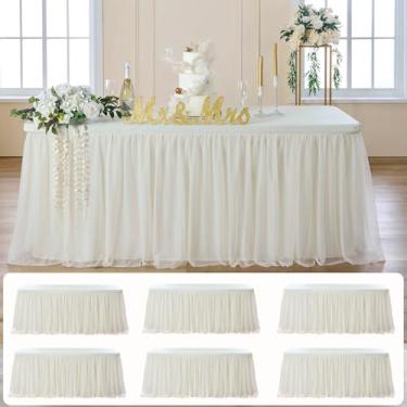 Imagem de leegleri Pacote com 6 toalhas de mesa de tule marfim de 1,8 m para mesas retangulares, capas de mesa creme 2 em 1 com saia de tule, toalhas de mesa de tule elásticas sem rugas, adequadas para festas