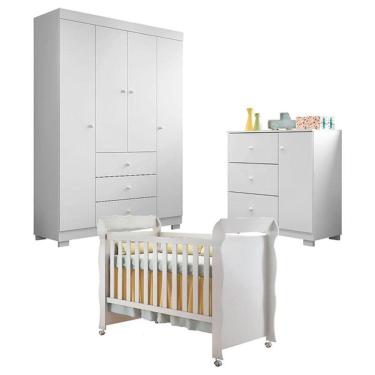 Imagem de Quarto de Bebê Duda 4 Porta com Berço Americano Mirelle Branco Brilho - Phoenix Baby