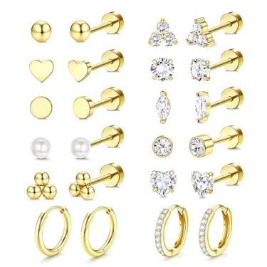 Imagem de Incaton Brincos femininos hipoalergênicos banhados a ouro 14K com costas planas de aço inoxidável cirúrgico para orelhas sensíveis, conjunto de brincos de cartilagem e cartilagem para vários piercings
