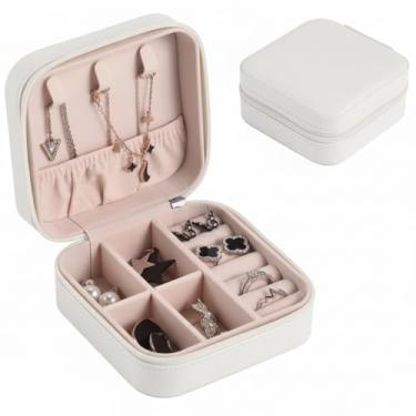 Imagem de Porta-Jóias Portátil de Viagem para Mulheres, Caixa Organizadora com Compartimentos para Colar, Brincos, Anéis e Pulseiras, Estojo Compacto com Zíper (Branco)