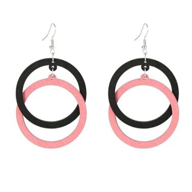 Imagem de Brincos Boho para mulheres, brincos de madeira, brincos de círculo duplo, vintage, brincos geométricos, joias presentes para meninas, Adjustable, Latão, Sem pedra preciosa