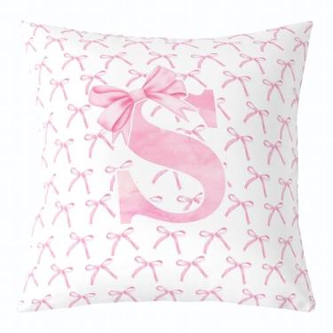 Imagem de Capa de almofada infantil com laço de desenho animado, gravata borboleta rosa letra S nó princesa dupla face fronha meninas mulheres, laço aquarela patchwork rosa branco cama sofá capa de almofada