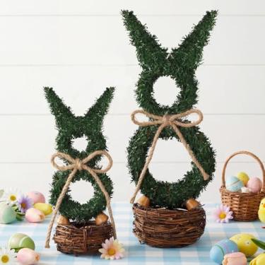 Imagem de RattanView 17,8 cm, 25 cm, grinalda de coelhinho da Páscoa, decoração de mesa de primavera, letreiros de mesa de coelho artificial em pé de ratã com laço e cesta para decoração de mesa de Páscoa