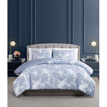 Imagem de Vince Camuto Conjunto de edredom floral orgânico 100% algodão, 3 peças, azul, todas as estações, tamanho adulto, certificado Oeko-TEX