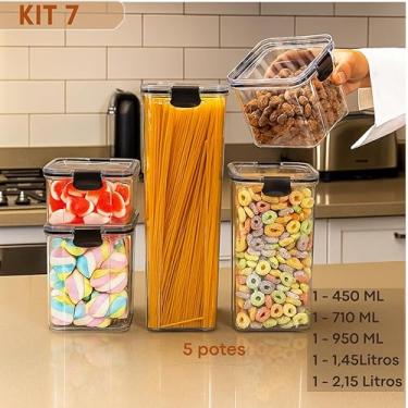 Imagem de Kit Pote Hermético Organizador de Mantimentos e Temperos para Cozinha, Armário e Geladeira Slim Transparente com Tampa Vedada (KIT 7-5 POTES SLIM)