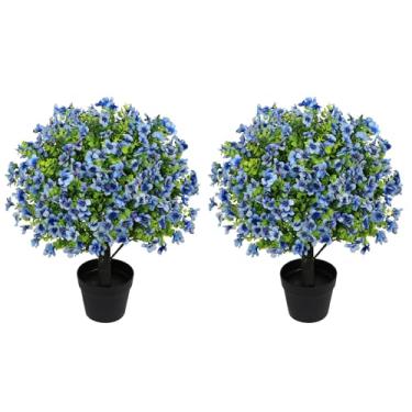 Imagem de Aoutyers Conjunto de 2 plantas artificiais de eucalipto artificial de 61 cm para ambientes externos – mães falsas de vegetação sintética resistente a UV com flores de seda azul em vasos de cimento