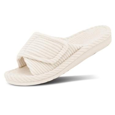 Imagem de MAJOALLURE Chinelos ortopédicos femininos ajustáveis com suporte de arco bico aberto, veludo cotelê, sapatos para quarto, ambientes internos e externos, Bege, 36
