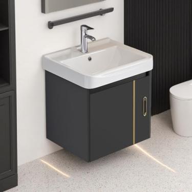 Imagem de Conjunto de mini penteadeira flutuante de parede cinza dourado de 43 cm com pia, vaidade moderna para pia de banheiro