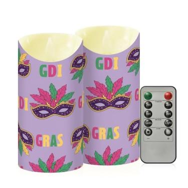 Imagem de Wassud Pacote com 2 máscaras de baile de máscaras douradas, velas sem chamas com controle remoto, velas realistas cintilantes com temporizador, velas decorativas para Natal, casamento, festa