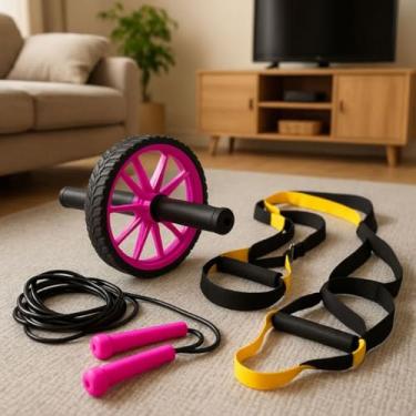 Imagem de Kit Treino Funcional Completo com Suspensão, Roda Abdominal Dupla e Corda de Pular(Rosa)