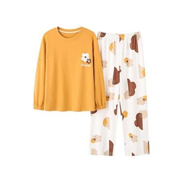 Imagem de 3FLQOOPP Pijama feminino plus size estilo princesa conjunto de pijama primavera lapela versão solta pijama noturno (amarelo médio)