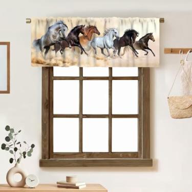 Imagem de ZhiRain Cortina de sanefa de cavalos ocidentais selvagens galopantes rústicas animais de fazenda correndo cavalo vara bolso sanefa tratamentos de janela cortinas curtas para cozinha casa de fazenda