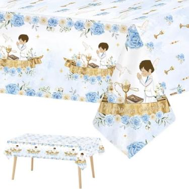 Imagem de AIBIIN 3 toalhas de mesa Mi Primera Comunion para meninos, decorações de batismo, toalhas de mesa para meninos, capas de mesa descartáveis de plástico, decorações de mesa de chá de bebê, 272 x 137 cm