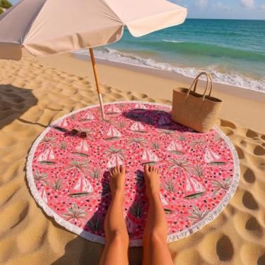 Imagem de Toalha de Praia Redonda Gigante Tucca Arraia Rosa Barquinho 150cm Microfibra Secagem Rápida Canga Circular Conforto Premium Resistente