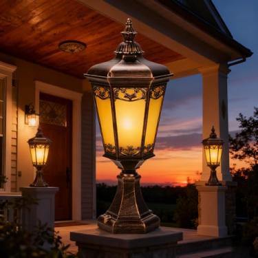 Imagem de Luminária de poste vintage para exterior, lanterna de pilar em bronze antigo com entalhes intrincados, luminária externa resistente às intempéries para jardim, quintal e cerca - Iluminação e