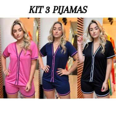 Imagem de Kit Pijamas Feminino 3 conjuntos Americano Aberto Com Botões  Verão Cu