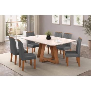 Imagem de Conjunto Mesa Kiara c/ Tampo Madeirado c/ Vidro Curvo 160x80cm e 6 Cadeiras Ayla erro sub errado Freijo/Off White - Suede Lunar-DJ Móveis