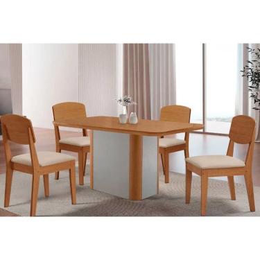 Imagem de Conjunto: Mesa Sala Jantar Pietá c/ Tampo Madeirado Canto Curvo 120x80cm e 4 Cadeiras Havana Naturale/Off White - Suede Creme - Rufato