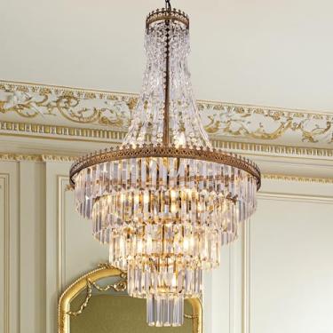 Imagem de TOCHIC Lustre de cristal império francês moderno lustres de casa de fazenda luz de teto para hall de entrada teto alto vintage antigo bronze lustre luminária para sala de jantar sala de estar 61 cm D