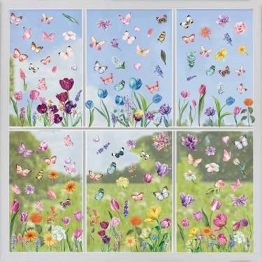 Imagem de Adesivos de janela de flor de primavera, 129 peças de adesivos de janela de borboleta de flor de tulipa para janelas de vidro para decoração de casa, escritório, primavera, verão