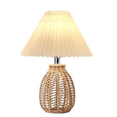 Imagem de YIKEGE LICHT Candeeiro de mesa plissado, luz noturna de vime, mesa de cabeceira moderna com abajur branco recortado, base de metal de vime, luz de mesa para quarto, sala de estar, decoração de