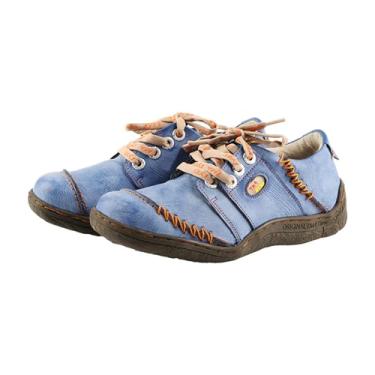Imagem de TMA EYES Tênis feminino retrô de couro para caminhada, artesanato costurado à mão, calçados esportivos confortáveis e com absorção de choque, Azul, 35